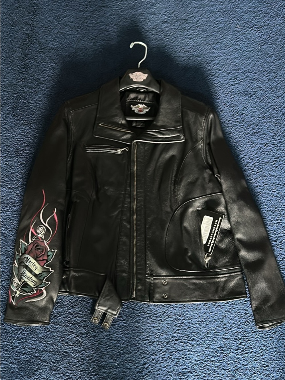 Harley-Davidson Black Leather Bomber Jacket with Rose Sleeve Embroidery